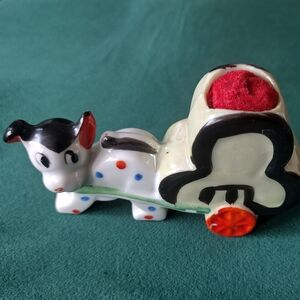 Vintage Japanese Hand Painted Dog Pulling Cart Pin Cushion